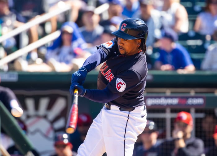 Mar 11, 2024; Goodyear, Arizona, USA; Cleveland Guardians infielder Jose Ramirez against the Los Angeles Dodgers during a spring training game at Goodyear Ballpark.